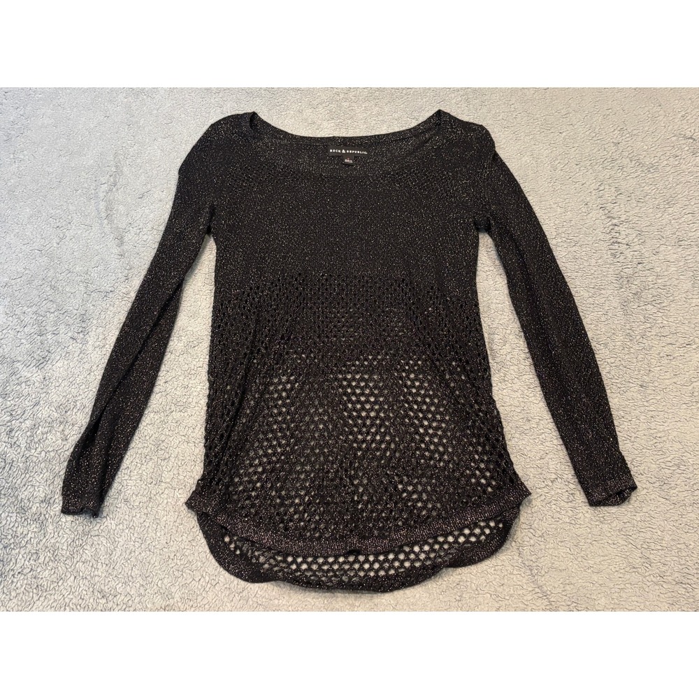 Rock & Republic Black Silver Metallic Knit Mesh Scoop Neck Top Small